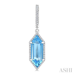 16X6 MM Hexagon Shape Blue Topaz and 3/8 Ctw Round Cut Diamond Semi-Precious Earrings in 14K White Gold