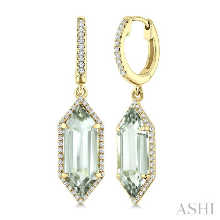 16X6 MM Hexagon Shape Green Amethyst and 3/8 Ctw Round Cut Diamond Semi-Precious Earrings in 14K Yellow Gold