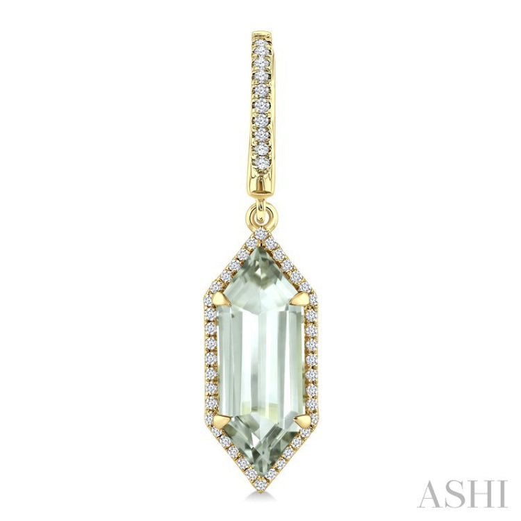 16X6 MM Hexagon Shape Green Amethyst and 3/8 Ctw Round Cut Diamond Semi-Precious Earrings in 14K Yellow Gold
