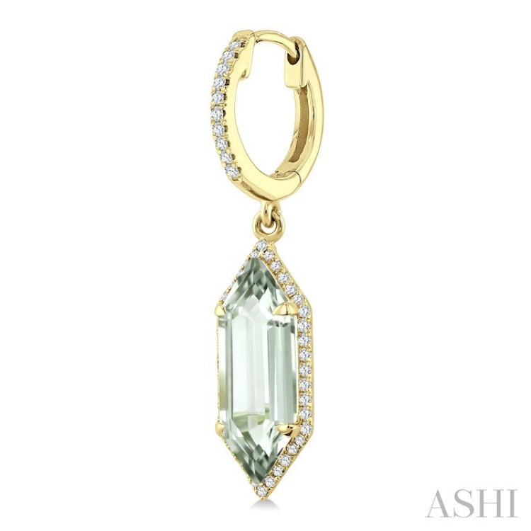 16X6 MM Hexagon Shape Green Amethyst and 3/8 Ctw Round Cut Diamond Semi-Precious Earrings in 14K Yellow Gold