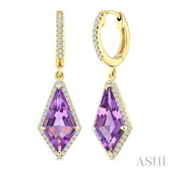 14X7 MM Kite Shape Amethyst and 1/3 Ctw Round Cut Diamond Semi-Precious Earrings in 14K Yellow Gold