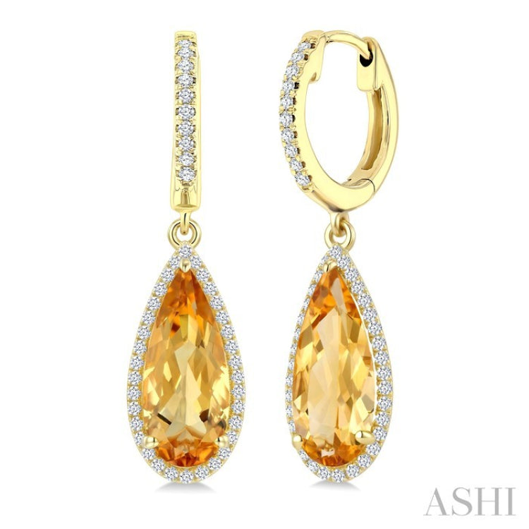 14X6 MM Pear Shape Citrine and 1/3 Ctw Round Cut Diamond Semi-Precious Earrings in 14K Yellow Gold