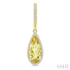 14X6 MM Pear Shape Lemon Quartz and 1/3 Ctw Round Cut Diamond Semi-Precious Earrings in 14K Yellow Gold