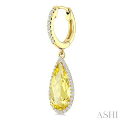 14X6 MM Pear Shape Lemon Quartz and 1/3 Ctw Round Cut Diamond Semi-Precious Earrings in 14K Yellow Gold