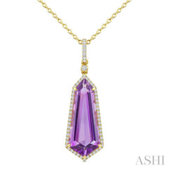 22X9 MM Shield Shape Amethyst and 1/4 Ctw Round Cut Diamond Semi-Precious Pendant With Chain in 14K Yellow Gold
