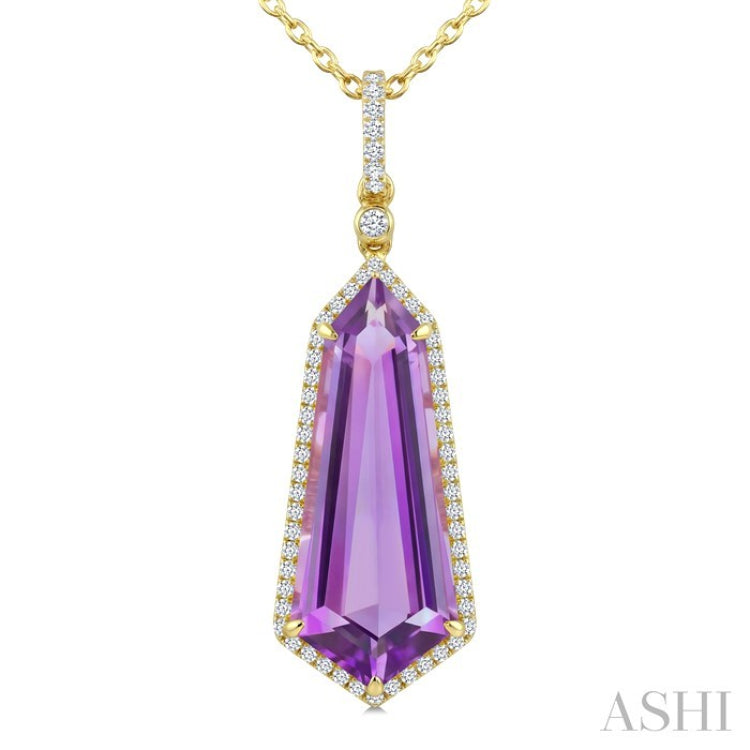 22X9 MM Shield Shape Amethyst and 1/4 Ctw Round Cut Diamond Semi-Precious Pendant With Chain in 14K Yellow Gold