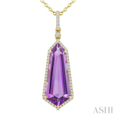 22X9 MM Shield Shape Amethyst and 1/4 Ctw Round Cut Diamond Semi-Precious Pendant With Chain in 14K Yellow Gold