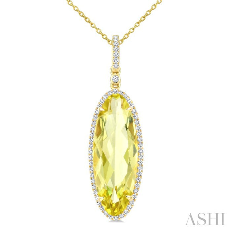 22X8 MM Oval Shape Lemon Quartz and 1/4 Ctw Round Cut Diamond Semi-Precious Pendant With Chain in 14K Yellow Gold
