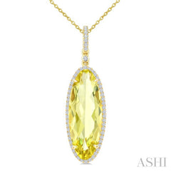 22X8 MM Oval Shape Lemon Quartz and 1/4 Ctw Round Cut Diamond Semi-Precious Pendant With Chain in 14K Yellow Gold