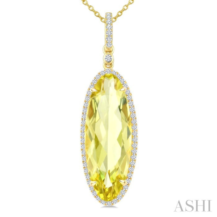 22X8 MM Oval Shape Lemon Quartz and 1/4 Ctw Round Cut Diamond Semi-Precious Pendant With Chain in 14K Yellow Gold