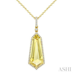 22X9 MM Shield Shape Lemon Quartz and 1/4 Ctw Round Cut Diamond Semi-Precious Pendant With Chain in 14K Yellow Gold