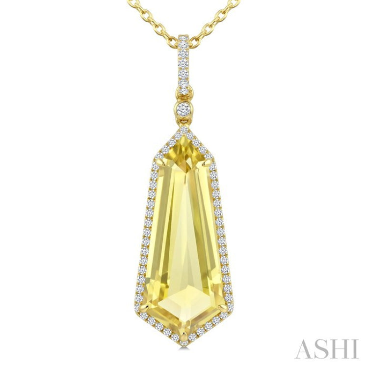 22X9 MM Shield Shape Lemon Quartz and 1/4 Ctw Round Cut Diamond Semi-Precious Pendant With Chain in 14K Yellow Gold