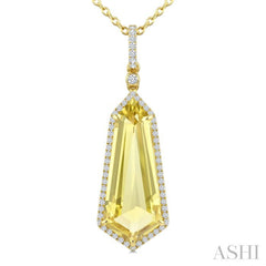 22X9 MM Shield Shape Lemon Quartz and 1/4 Ctw Round Cut Diamond Semi-Precious Pendant With Chain in 14K Yellow Gold