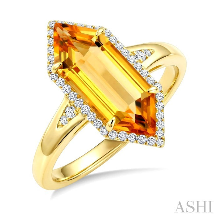 16X6 MM Hexagon Shape Citrine and 1/5 Ctw Round Cut Diamond Semi-Precious Ring in 10K Yellow Gold