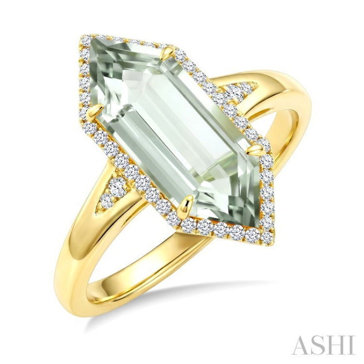 16X6 MM Hexagon Shape Green Amethyst and 1/5 Ctw Round Cut Diamond Semi-Precious Ring in 10K Yellow Gold