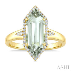 16X6 MM Hexagon Shape Green Amethyst and 1/5 Ctw Round Cut Diamond Semi-Precious Ring in 10K Yellow Gold