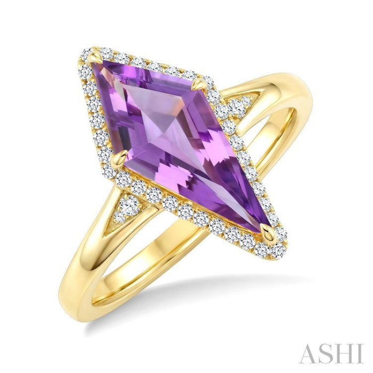 16X7 MM Kite Shape Amethyst and 1/6 Ctw Round Cut Diamond Semi-Precious Ring in 10K Yellow Gold