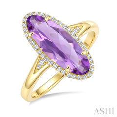 16X6 MM Oval Shape Amethyst and 1/6 Ctw Round Cut Diamond Semi-Precious Ring in 10K Yellow Gold
