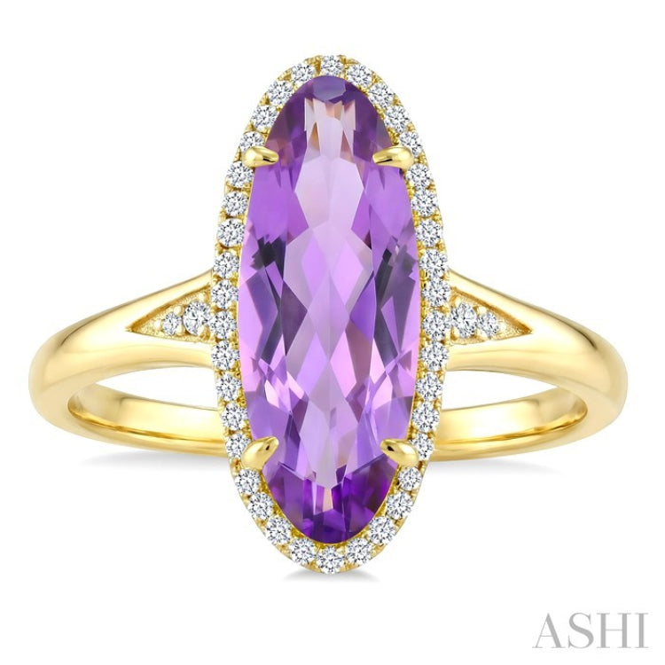 16X6 MM Oval Shape Amethyst and 1/6 Ctw Round Cut Diamond Semi-Precious Ring in 10K Yellow Gold