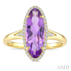 16X6 MM Oval Shape Amethyst and 1/6 Ctw Round Cut Diamond Semi-Precious Ring in 10K Yellow Gold