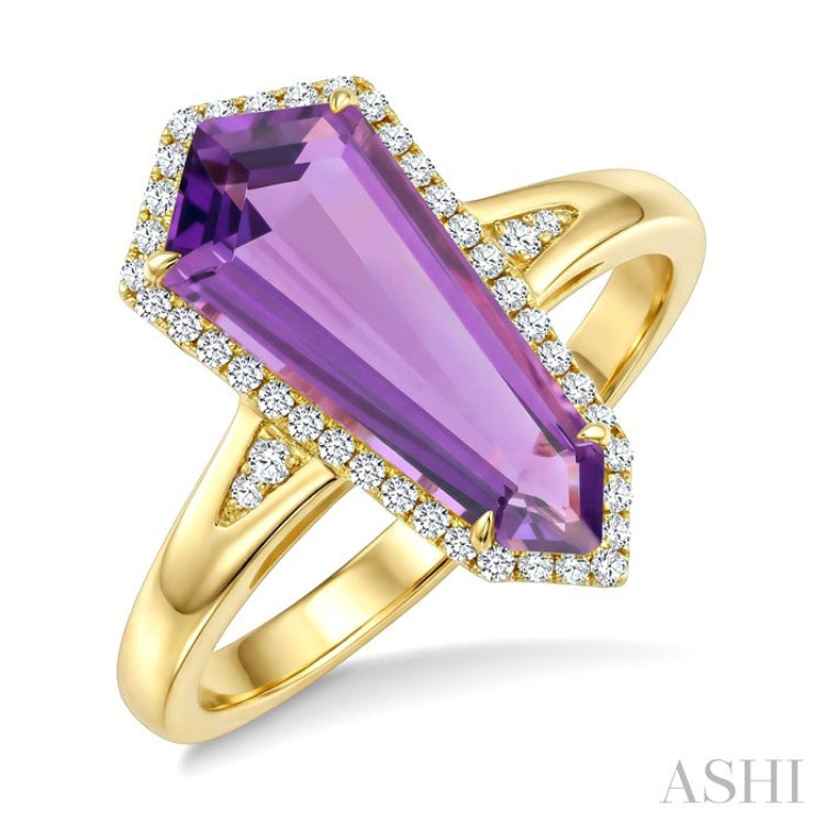 16X7 MM Shield Shape Amethyst and 1/6 Ctw Round Cut Diamond Semi-Precious Ring in 10K Yellow Gold