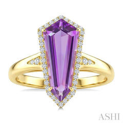16X7 MM Shield Shape Amethyst and 1/6 Ctw Round Cut Diamond Semi-Precious Ring in 10K Yellow Gold