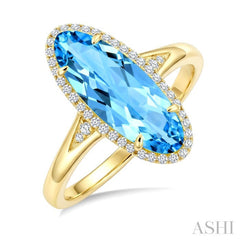 16X6 MM Oval Shape Blue Topaz and 1/6 Ctw Round Cut Diamond Semi-Precious Ring in 10K Yellow Gold
