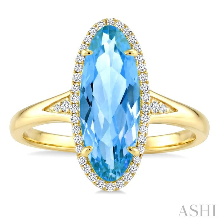 16X6 MM Oval Shape Blue Topaz and 1/6 Ctw Round Cut Diamond Semi-Precious Ring in 10K Yellow Gold