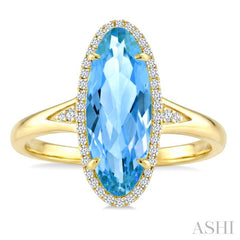 16X6 MM Oval Shape Blue Topaz and 1/6 Ctw Round Cut Diamond Semi-Precious Ring in 10K Yellow Gold