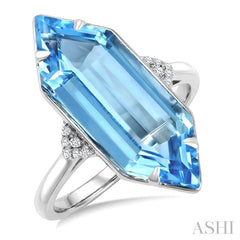 22X8 MM Hexagon Shape Blue Topaz and 1/20 Ctw Round Cut Diamond Semi-Precious Ring in 14K White Gold