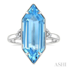 22X8 MM Hexagon Shape Blue Topaz and 1/20 Ctw Round Cut Diamond Semi-Precious Ring in 14K White Gold