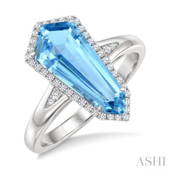 16X7 MM Shield Shape Blue Topaz and 1/6 Ctw Round Cut Diamond Semi-Precious Ring in 10K White Gold