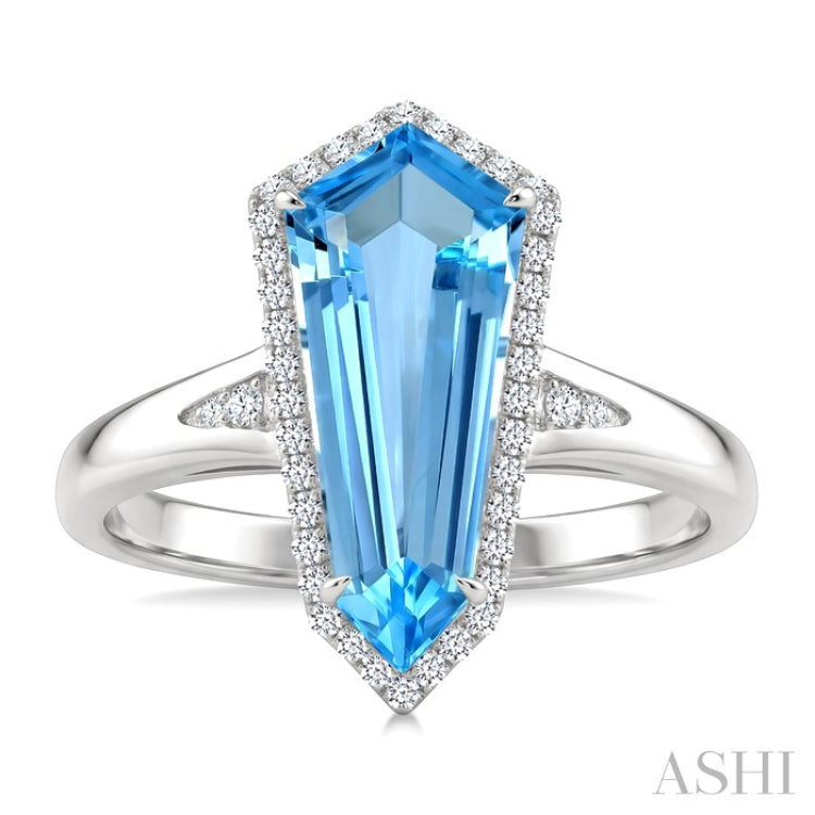 16X7 MM Shield Shape Blue Topaz and 1/6 Ctw Round Cut Diamond Semi-Precious Ring in 10K White Gold