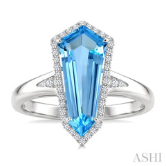 16X7 MM Shield Shape Blue Topaz and 1/6 Ctw Round Cut Diamond Semi-Precious Ring in 10K White Gold