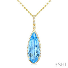 22X8 MM Pear Shape Blue Topaz and 1/4 Ctw Round Cut Diamond Semi-Precious Pendant With Chain in 14K Yellow Gold