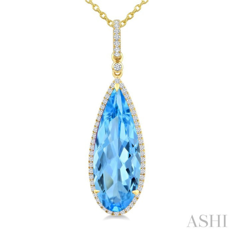 22X8 MM Pear Shape Blue Topaz and 1/4 Ctw Round Cut Diamond Semi-Precious Pendant With Chain in 14K Yellow Gold