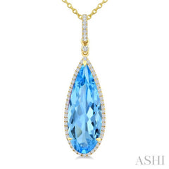 22X8 MM Pear Shape Blue Topaz and 1/4 Ctw Round Cut Diamond Semi-Precious Pendant With Chain in 14K Yellow Gold