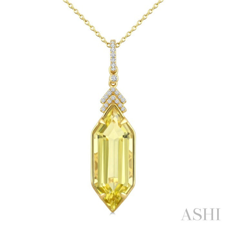 22X8 MM Hexagon Shape Lemon Quartz and 1/10 Ctw Round Cut Diamond Semi-Precious Pendant With Chain in 14K Yellow Gold