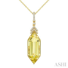 22X8 MM Hexagon Shape Lemon Quartz and 1/10 Ctw Round Cut Diamond Semi-Precious Pendant With Chain in 14K Yellow Gold
