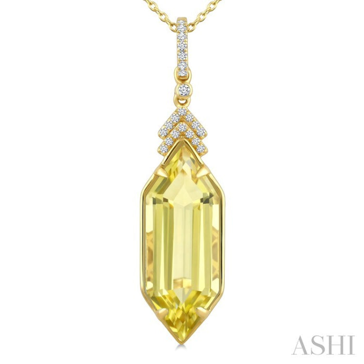 22X8 MM Hexagon Shape Lemon Quartz and 1/10 Ctw Round Cut Diamond Semi-Precious Pendant With Chain in 14K Yellow Gold