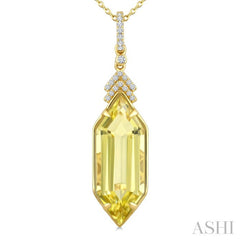 22X8 MM Hexagon Shape Lemon Quartz and 1/10 Ctw Round Cut Diamond Semi-Precious Pendant With Chain in 14K Yellow Gold