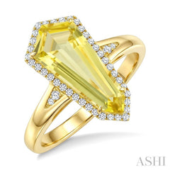 16X7 MM Shield Shape Lemon Quartz and 1/6 Ctw Round Cut Diamond Semi-Precious Ring in 10K Yellow Gold