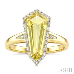 16X7 MM Shield Shape Lemon Quartz and 1/6 Ctw Round Cut Diamond Semi-Precious Ring in 10K Yellow Gold