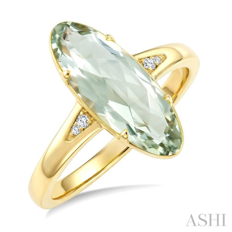 16X6 MM Oval Shape Green Amethyst and 1/50 Ctw Round Cut Diamond Semi-Precious Ring in 10K Yellow Gold