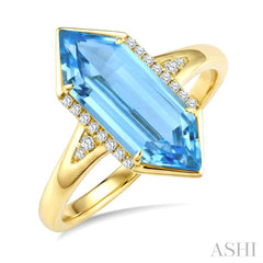 16X6 MM Hexagon Shape Blue Topaz and 1/10 Ctw Round Cut Diamond Semi-Precious Ring in 10K Yellow Gold