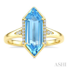 16X6 MM Hexagon Shape Blue Topaz and 1/10 Ctw Round Cut Diamond Semi-Precious Ring in 10K Yellow Gold