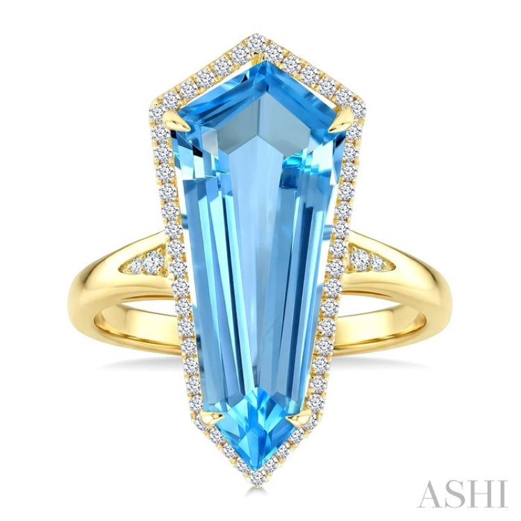 22X9 MM Shield Shape Blue Topaz and 1/4 Ctw Round Cut Diamond Semi-Precious Ring in 14K Yellow Gold