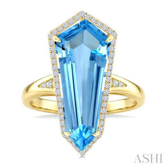 22X9 MM Shield Shape Blue Topaz and 1/4 Ctw Round Cut Diamond Semi-Precious Ring in 14K Yellow Gold