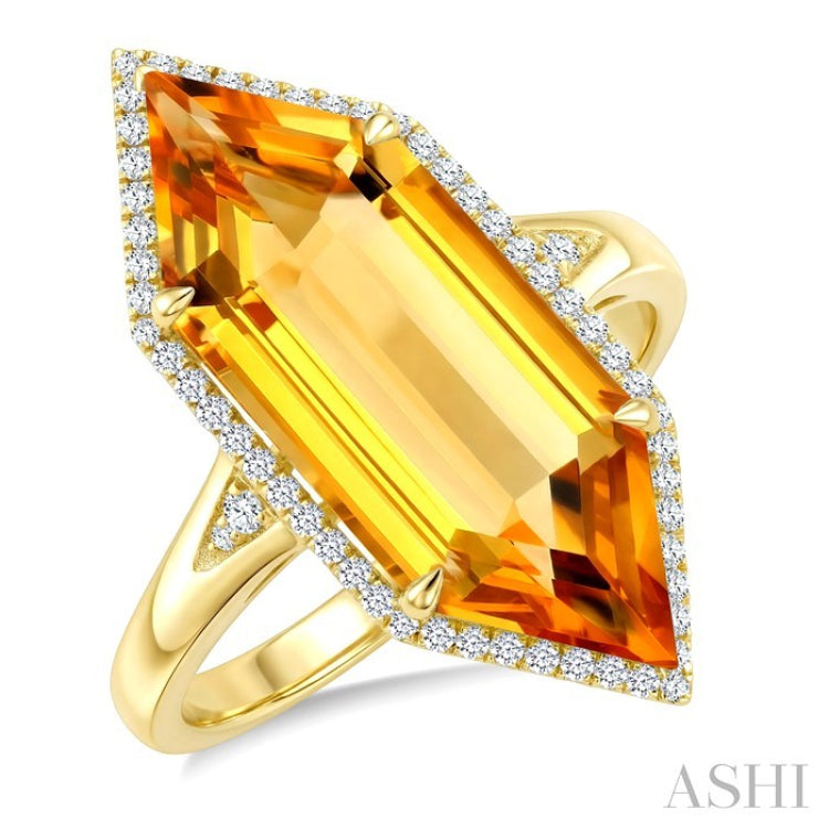 22X8 MM Hexagon Shape Citrine and 1/4 Ctw Round Cut Diamond Semi-Precious Ring in 14K Yellow Gold