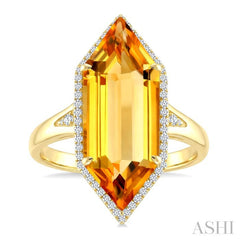 22X8 MM Hexagon Shape Citrine and 1/4 Ctw Round Cut Diamond Semi-Precious Ring in 14K Yellow Gold